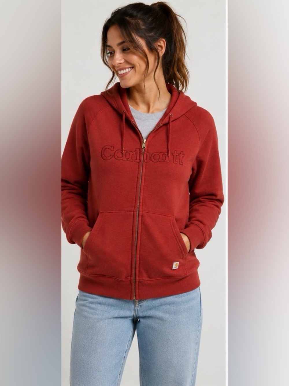 Carhartt Women’s Red Full Zip Logo Hoodie Y2K Workwear Streetwear 2XL